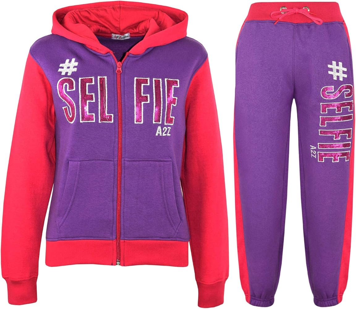 A2Z 4 Kids Girls Boys #SELFIE Tracksuit Sequin Embroidered Purple & Pink Hoodie with Jogger Sweatpants Age 5-13 Years