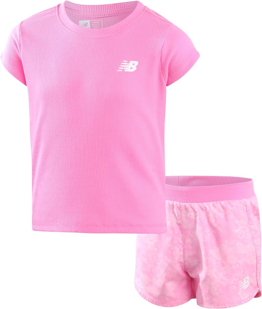 New Balance Girls' Active Shorts Set - 2 Piece Performance Ribbed T-Shirt and Shorts - Cute Summer Outfit Set for Girls, 7-12