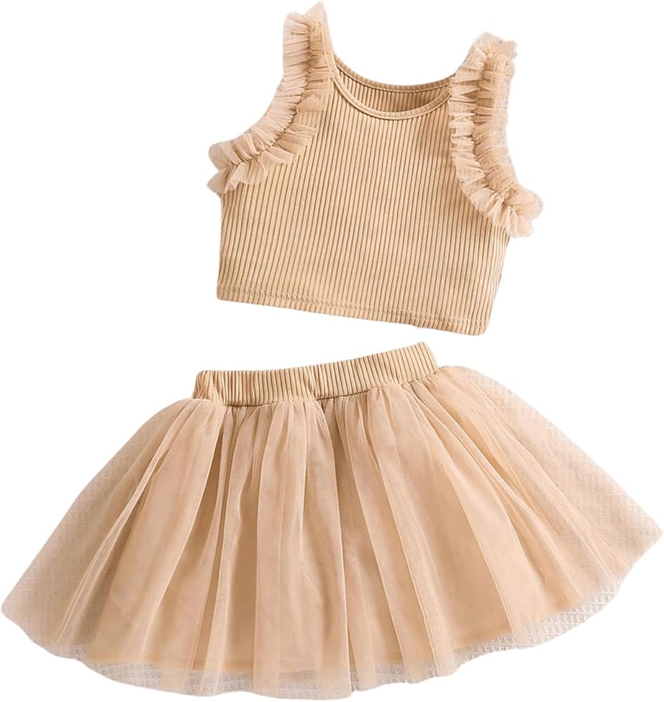 SHENHE Girl's 2 Piece Outfits Frill Trim Ribbed Knit Crewneck Tank Top and Tulle Skirt Set