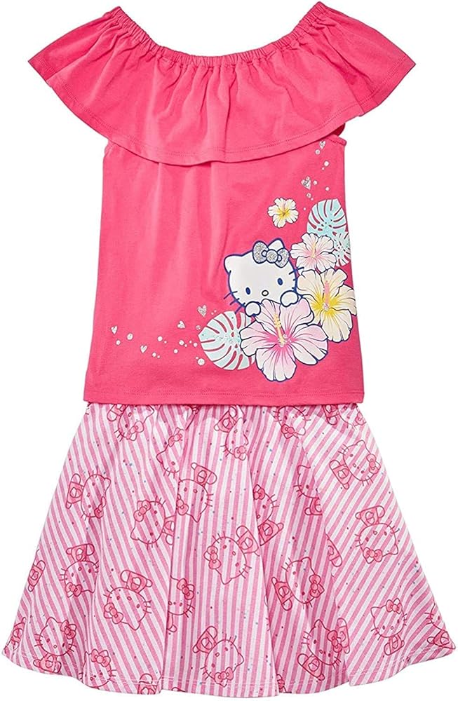 Hello Kitty Little Girls 2-Pc. Ruffle Top & Printed Skirt Set Size 5 Hibiscus Pink