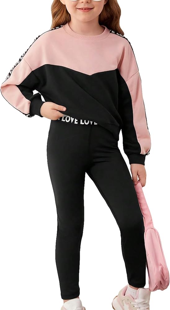 Floerns Girl's Toddler 2 Piece Outfit Letter Colorblock Long Sleeve Sweatshirt and Leggings Sweatsuits Tracksuits