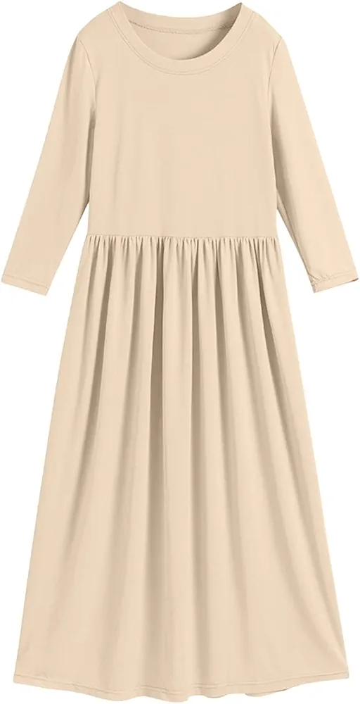 Kids Girls Casual Loose Long Dress Long Sleeve Crew Neck Maxi Dress Children Solid Color Dresses Cute (Khaki, 8-9 Years)