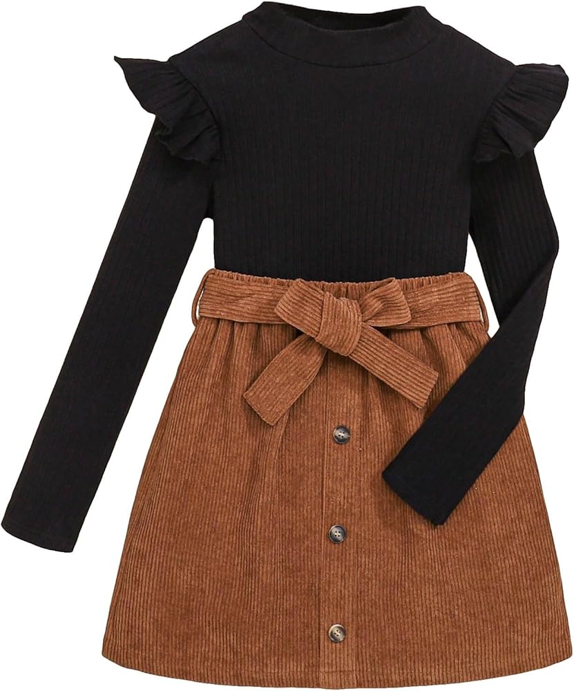 SHENHE Girl's 2 Piece Outfits Ruffle Long Sleeve Tee Top and Belted A Line Skirt Set