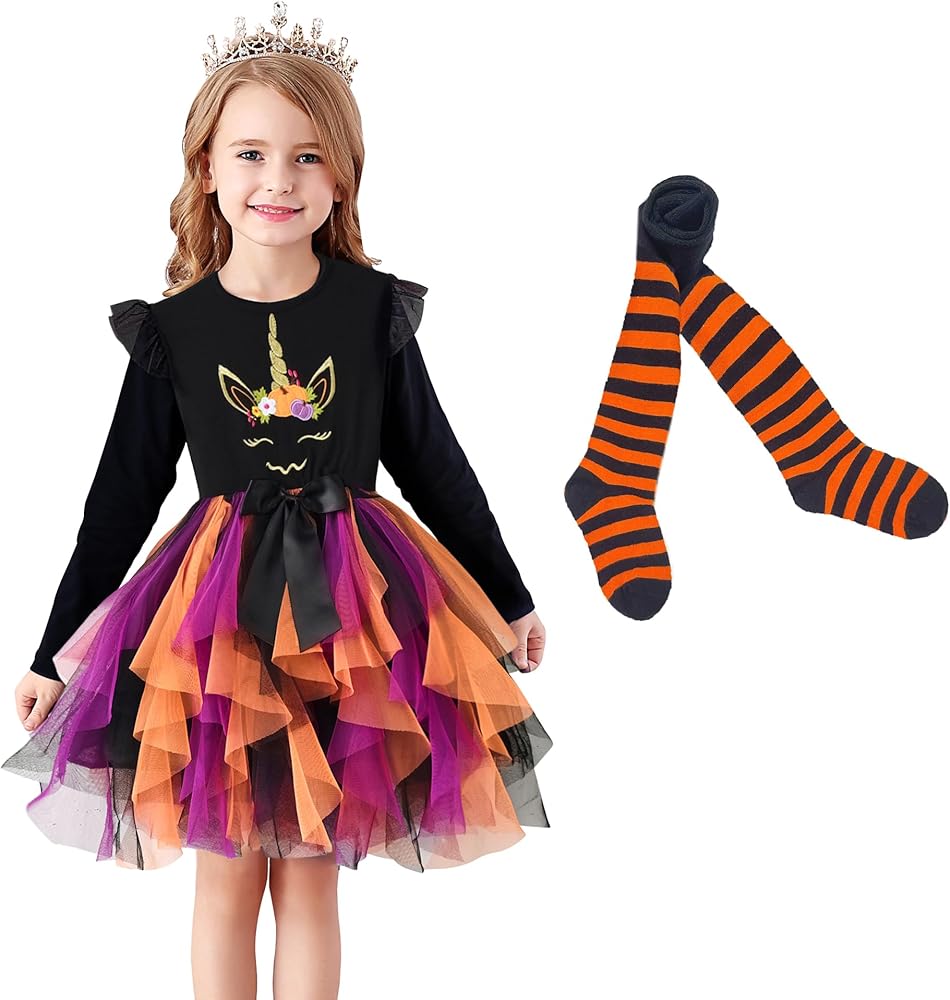 VIKITA Girls Halloween Party Tulle Dresses & Tights for 3-8 Years Kids