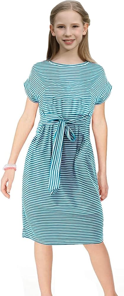 KYMIDY Girls Fall Dress Kids Short Sleeve Striped Casual Faux-wrap Dresses for Girls,7-16 Years