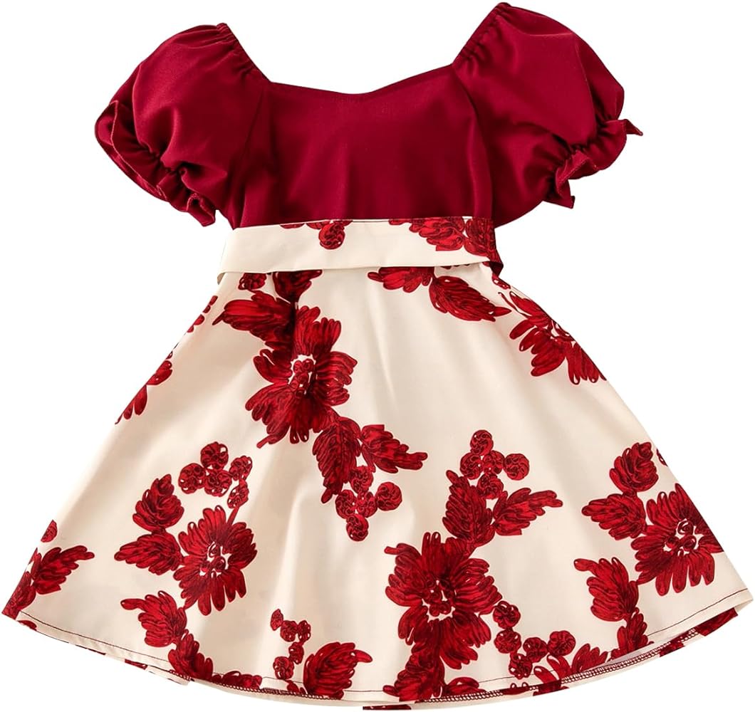 Toddler Baby Girls Flower Print Dress Bubble Sleeve Patchwork Tie Straps Sundress Birthday Party Dresses