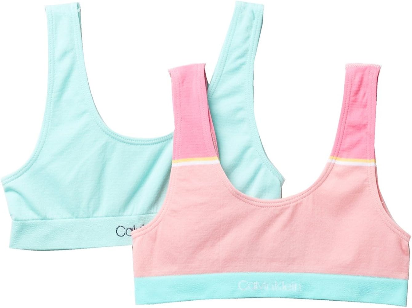 Calvin Klein Kids Girl's 2-Pack Seamless Bralette (Little Kids/Big Kids) Pink Stripe/Delta Teal LG (12-14 Big Kids)