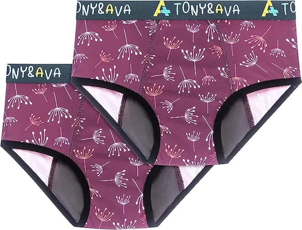 Tony and Ava 2 Pack Incontinence Underwear for Girls & Women | Leak-Proof Panties | Dandelion Print for Teen-Tween Girl - Medium. Purple