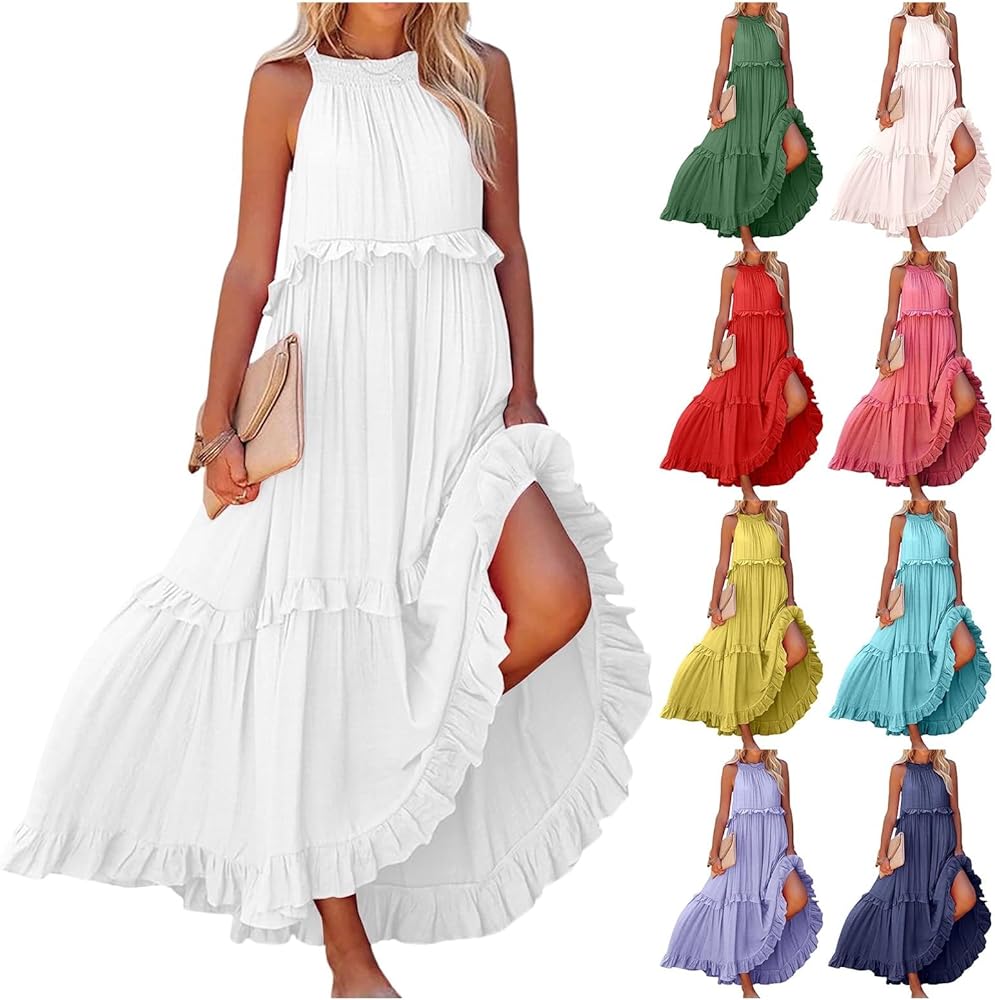 Dresses for Women Sexy Sleeveless Summer Dresses Flowy Swing Dress Tiered Ruffled Sun Dress Loose Fit Beach Dress