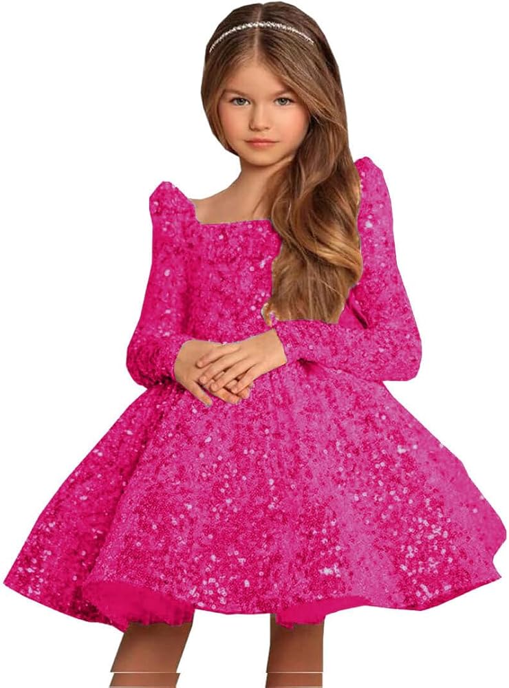 Sequin Flower Girl Dress Long Sleeves Pageant Dress Short First Communion Dress with Bow Knot