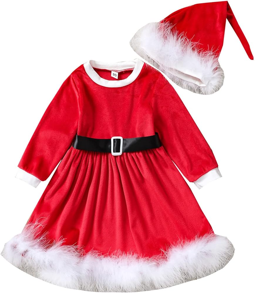 Dresses Girls with Hat Two-Piece Dress Children Red Kids Princess Wine Fannelette Dress Christmas Girl Girls