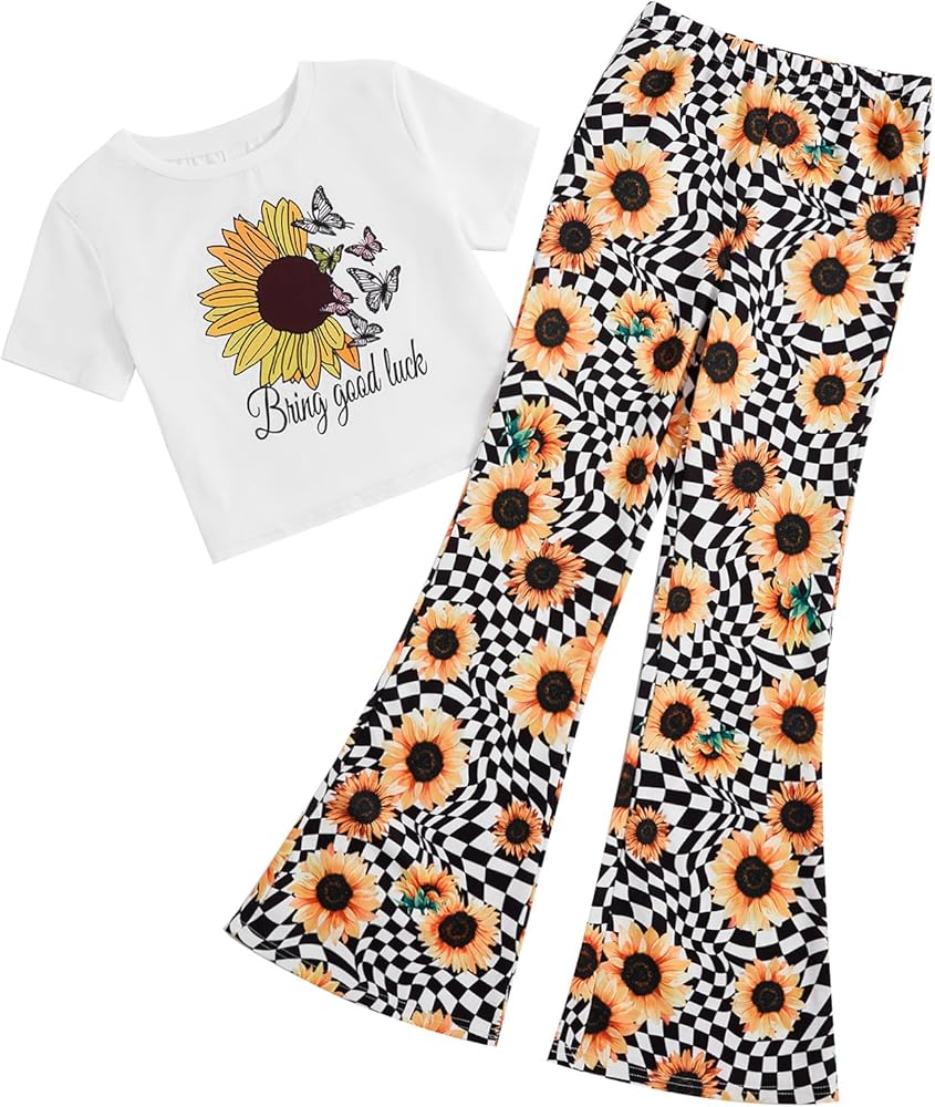 SOLY HUX Girl's 2 Piece Summer Outfits Top Graphic Tees T Shirt & Floral Bell Bottoms Flare Leg Pants