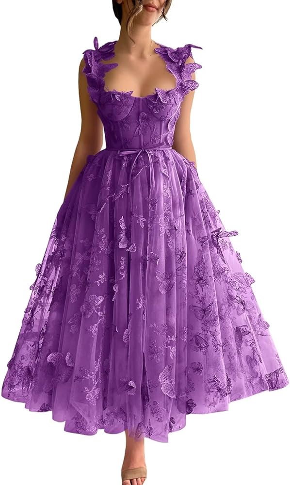 3D Butterfly Tulle Prom Dresses Tea Length Lace Appliques Embroidery A Line Formal Evening Party Gowns with Pockets