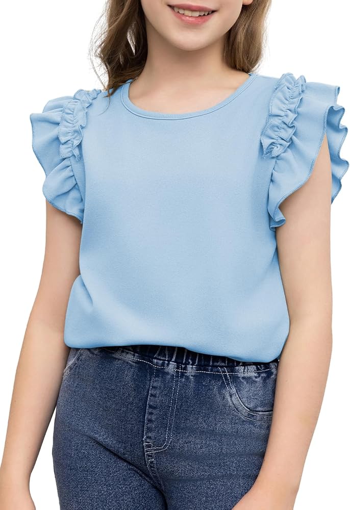 blibean Tween Girls 2024 Elegant Ruffle Short Sleeve Shirt Size 6-15 Years