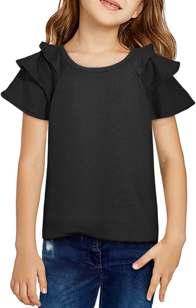 Girls Ruffle Sleeve Shirts Summer Cute Crewneck Blouse Tops 6-15 Years