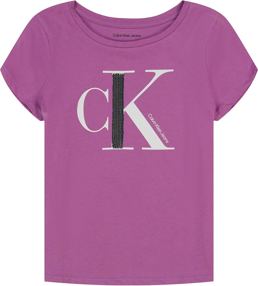 Calvin Klein Girls' Short Sleeve Cotton T-Shirt with Flip Sequin Design & Tagless Interior