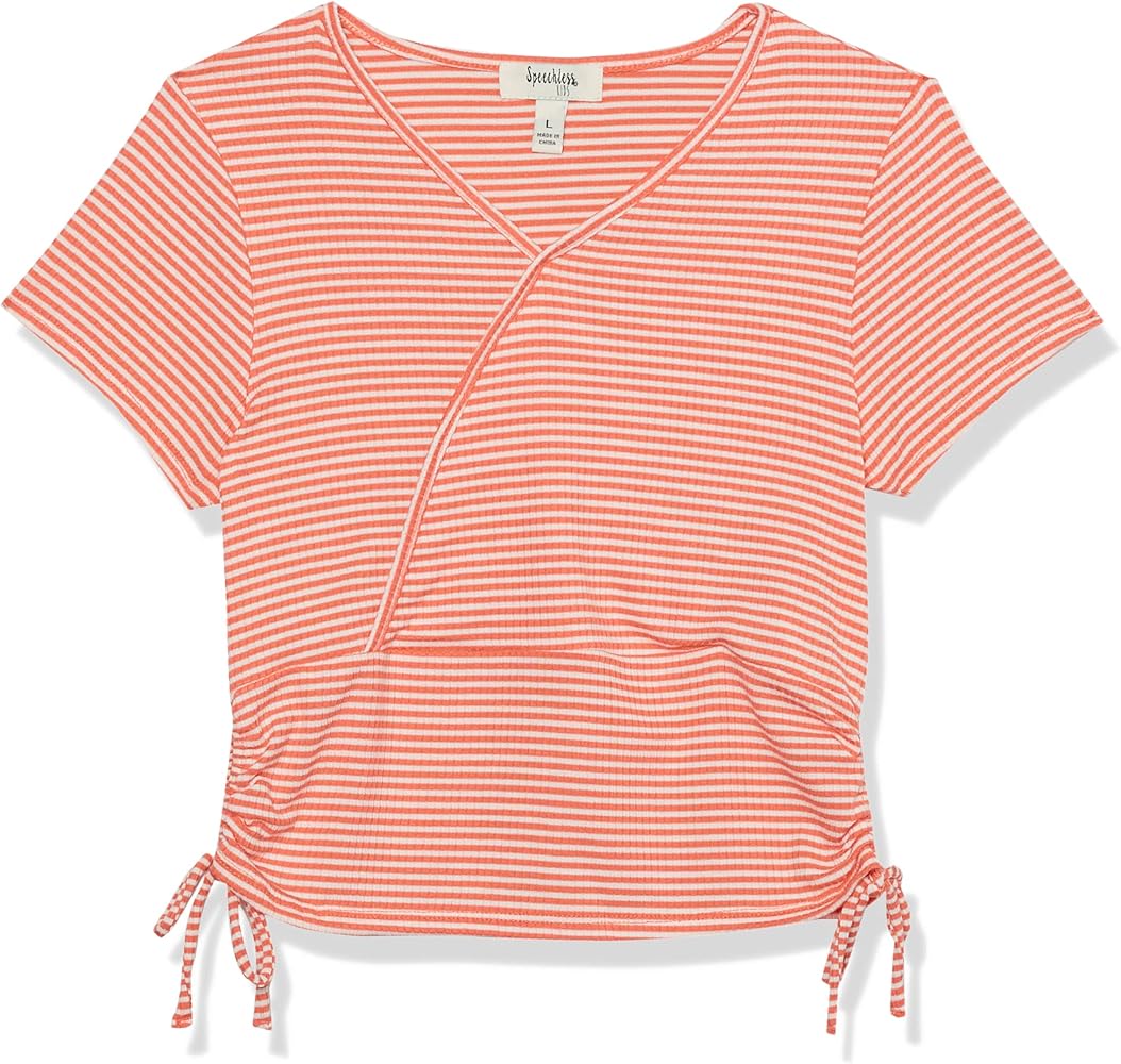 Speechless Girls' Faux Wrap Short Sleeve Tee