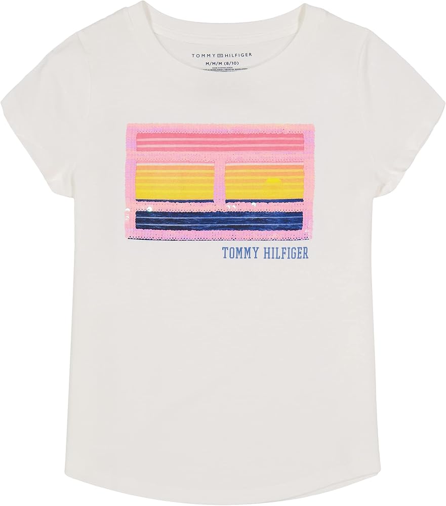 Tommy Hilfiger Girl's Short Sleeve T-shirt With Flip Sequin Design, Cotton Tee With Tagless Interior