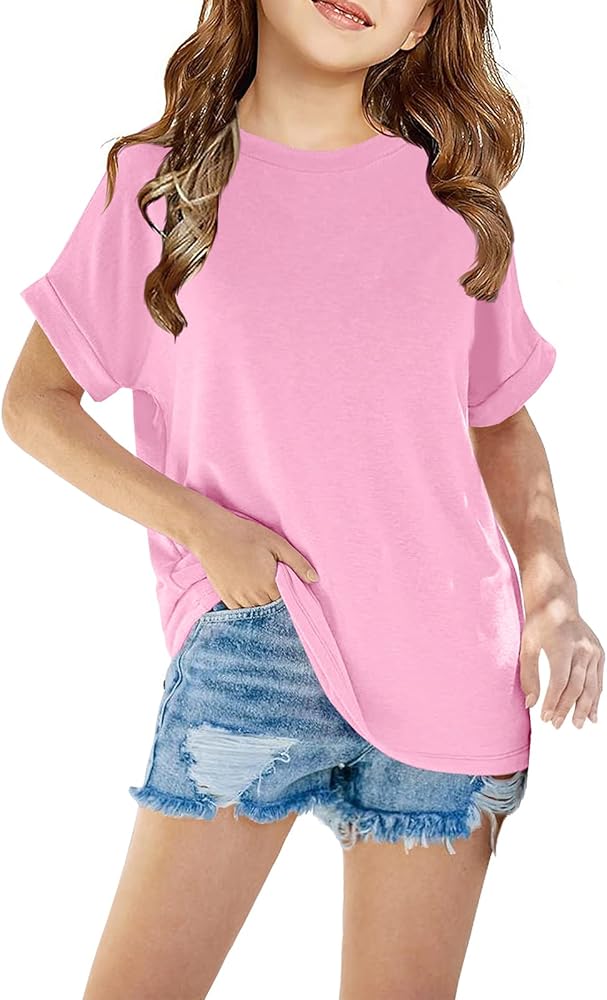 Haloumoning Girls Casual Short Sleeve T Shirts Kids Loose Tunic Tops Soft Blouse Size 4-13