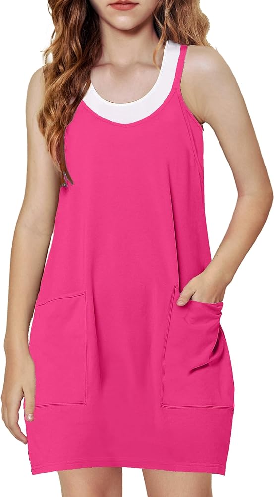 Arshiner Girls Dress with Shorts Casual Summer Spaghetti Straps One Piece Romper Dresses with Pockets for Kid 5-15 Y