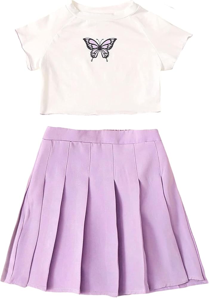 SOLY HUX Girl's Butterfly Print Short Sleeve Tee Top and Pleated Skirt Set 2 Piece Outfits