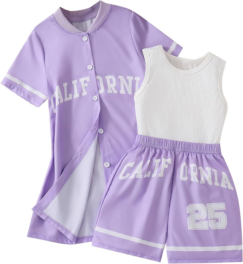 Hilinker Girls Graphic 3 Piece Outfits Tank and Short Sleeve Cardigan with Shorts Set