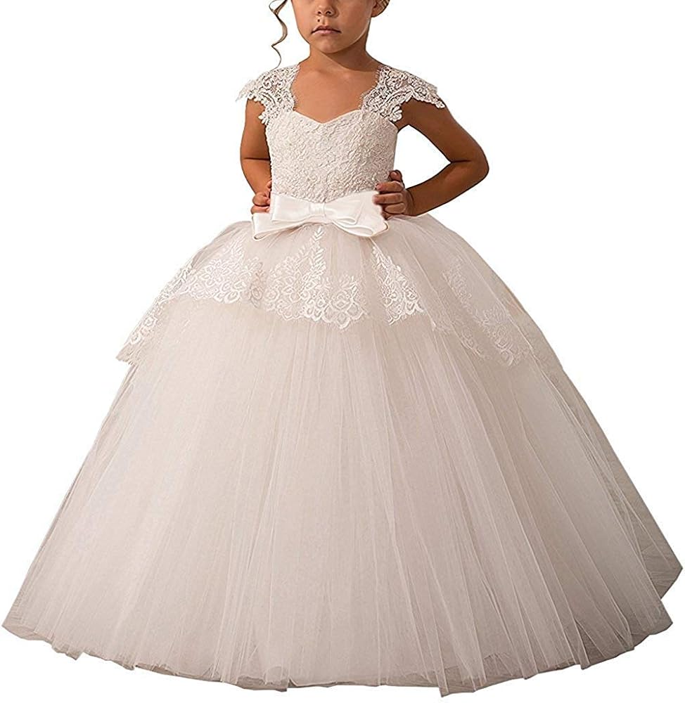 Lovely Lace Cap Sleeve Ball Gown Tulle Flower Girl Dresses for Wedding