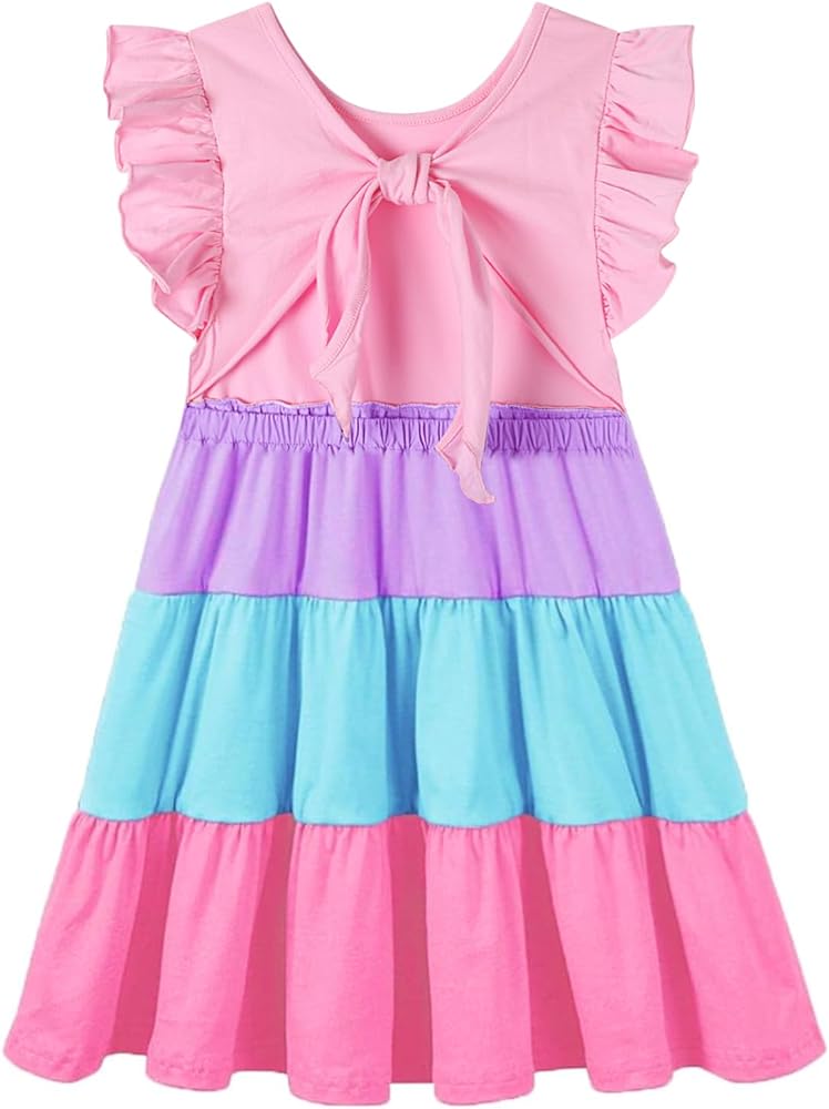 HILEELANG Toddler Girl Open Tie Back Dress Elegant Ruffle Short Flutter Sleeve Cotton Swing Twirly Sundress