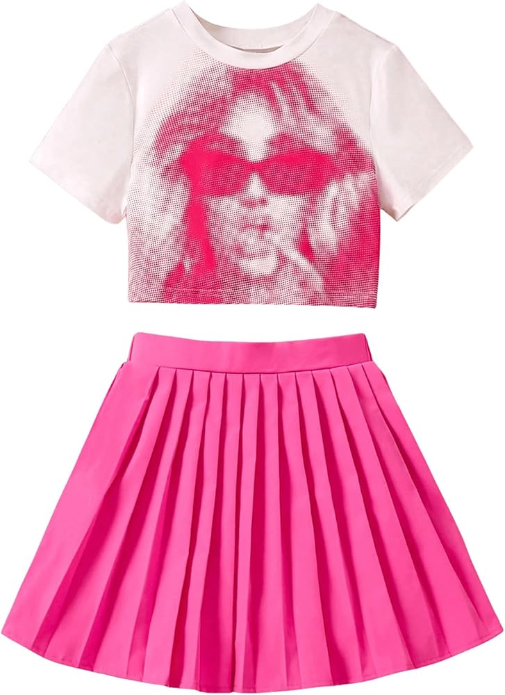 SOLY HUX Girl's Casual Skirts Set Summer Graphic Print Tee and Pleated Skirts 2 Piece Outfits