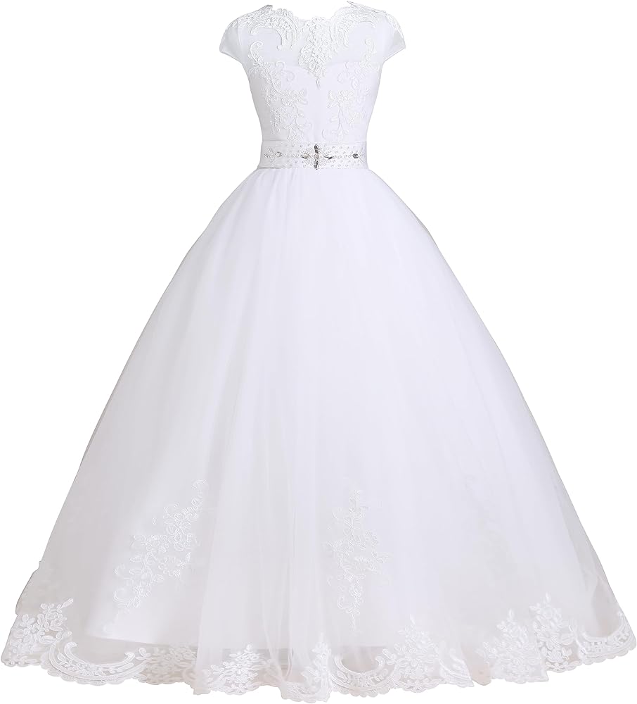 LSSAWZH Tulle Lace Flower Girl Dress White, First Communion Dress for Girls Princess Wedding Pageant Dresses, Girls Ball Gown