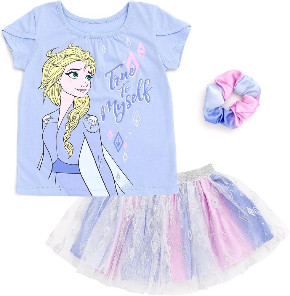 Disney Princess Moana Frozen Girls T-Shirt Tulle Mesh Skirt and Scrunchie 3 Piece Outfit Set Toddler to Big Kid