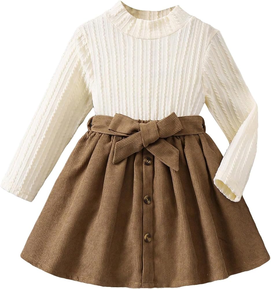 MakeMeChic Girl's 2 Piece Outfits Ribbed Knit Tee Tops and Belted Pleated Corduroy Skirt Set