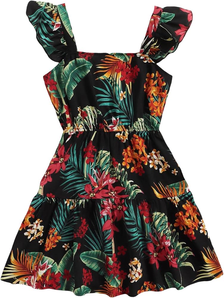 COZYEASE Girls' Tropical Print Ruffle Trim Dress Square Neck Sleeveless High Waist A Line Boho Dress