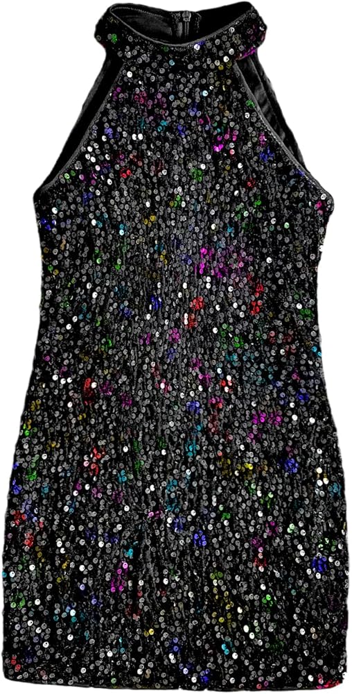 WDIRARA Girl's Glitter Sequin Beaded Halter Neck Evening Dress Sleeveless Bodycon Party Mini Pencil Dresses