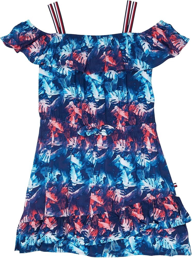 Tommy Hilfiger Girl's Off the Shoulder Dress, Ruffled Shoulder Trim With Cinched Waist & Flared Skirt