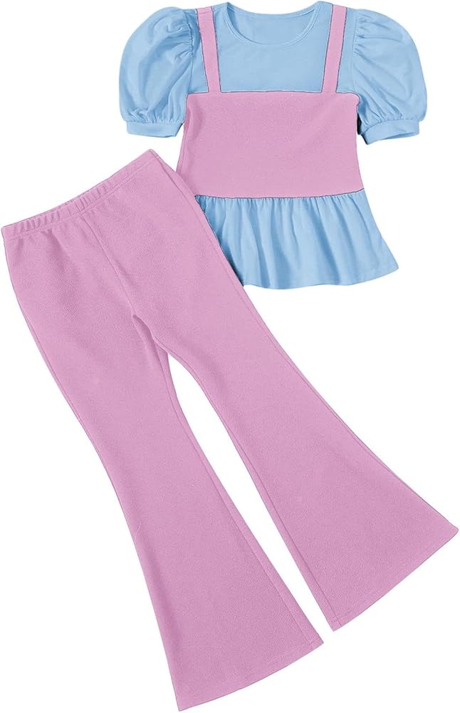 Milumia Girl's Two Piece Outfits Color Block Puff Sleeve Tee and Flare Pants Set