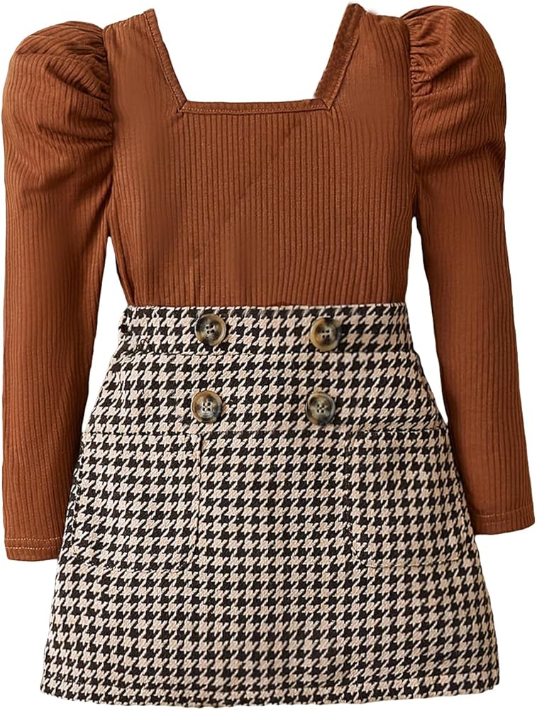 Floerns Toddler Girls 2 Piece Outfit Square Neck Long Sleeve Tee and Houndstooth Skirt Set