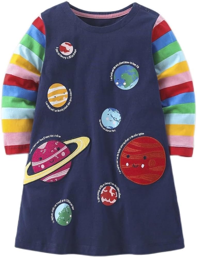 Hongshilian Girls Cartoon Dress Applique Party Dresses Casual Jersey Cotton Long-Sleeved