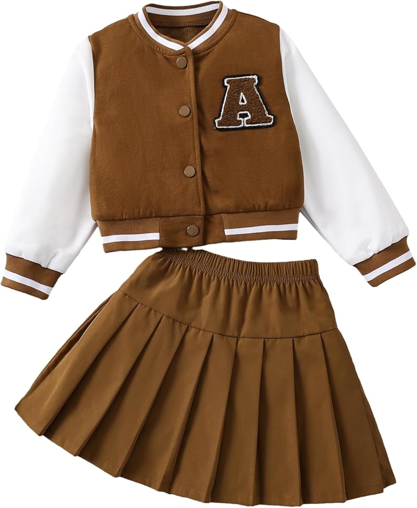 Floerns Toddler Girls 2 Piece Outfit Letter Patched Jacket Coat and Pleated Skirt Set