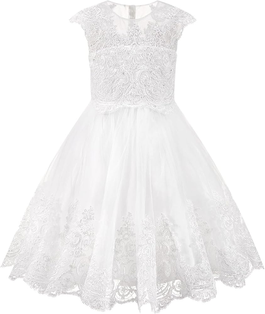 PLUVIOPHILY Lace Tulle Wedding Flower Girl Dress Cap Sleeves Beaded Princess Birthday Party Dress Junior Bridesmaid Dress