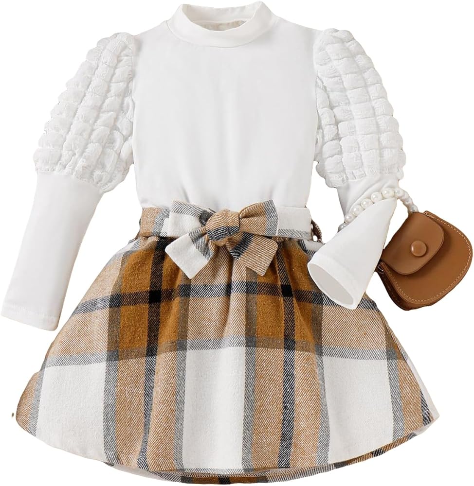 OYOANGLE Girl's Textured Long Puff Sleeve Tee Shirt and Plaid Bow Front Short Skirt Set Toddler Girl Summer Outfits