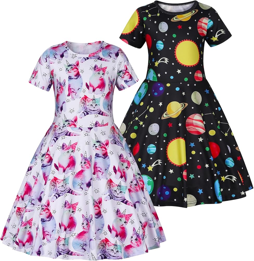 COTRIO Girl's 2-Pack Casual Dresses Summer Outifts Clothes Shot Sleeve Playwear Skater Dress Swing Twirl Sundress for Kids