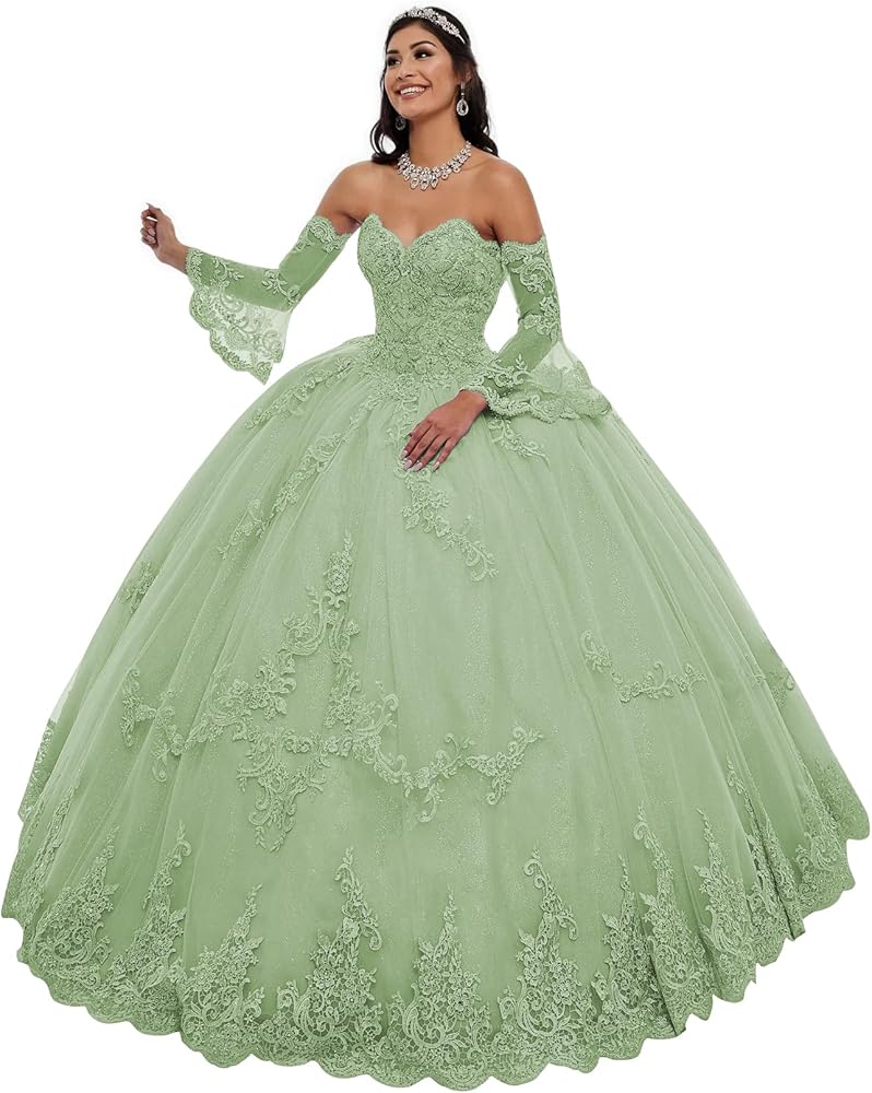 POMUYOO Women's Sweetheart Quinceanera Dresses Ball Gown Lace Appliques Puffy Sleeve Prom Sweet 16 Dress YG216