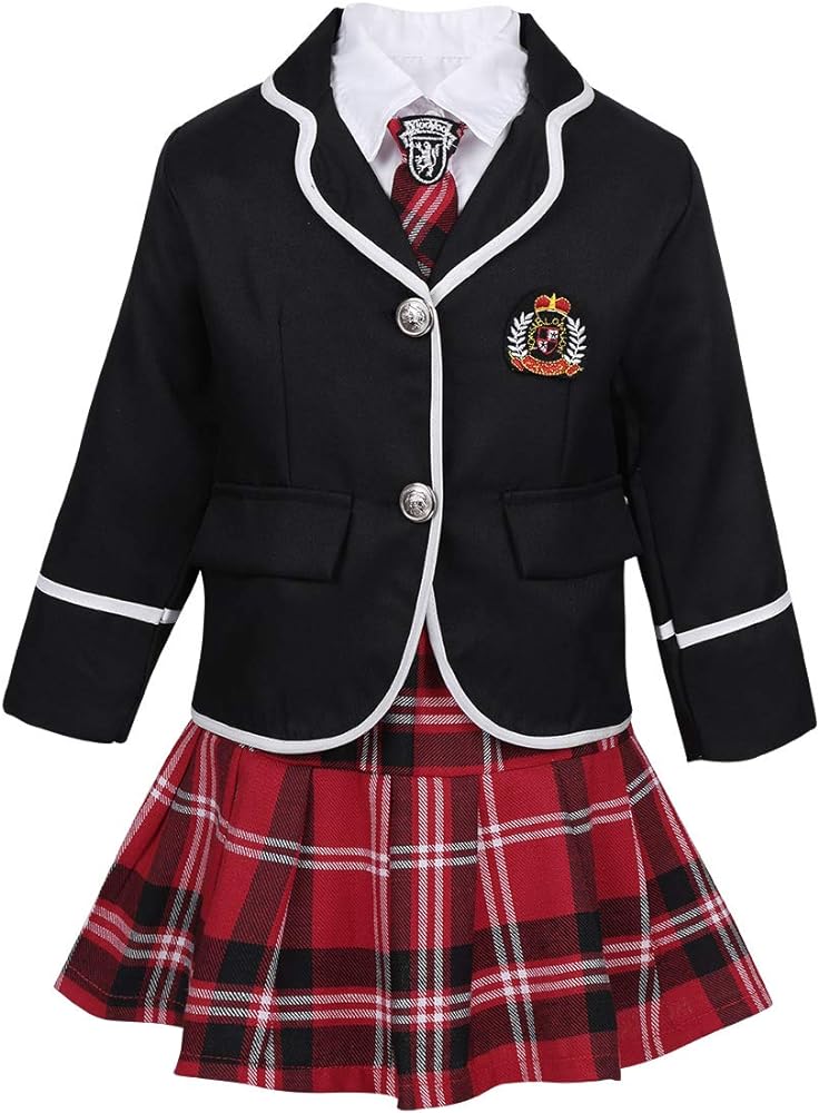 iiniim Kids Girls 4PCS British School Uniform Outfits Long Sleeve Wide Lapel Coat with Shirt Tie Mini Skirt Set