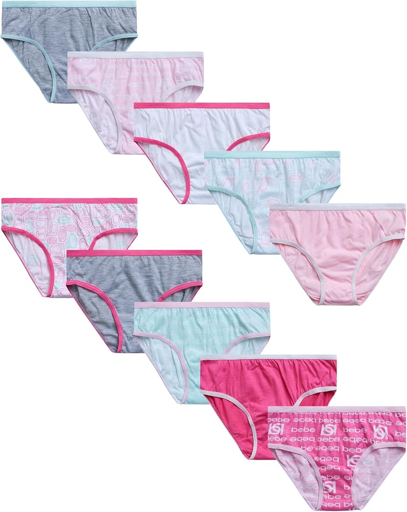 bebe Girls Underwear- 10 Pack 100% Cotton Bikini Briefs (S-L)