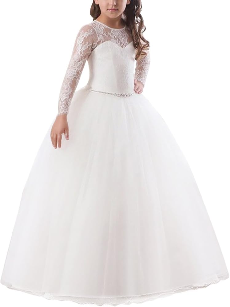 Girls' Tulle Flower Lace Wedding Bridesmaid Dress Long Sleeve Sweetheart Formal Floor Length Evening Gown