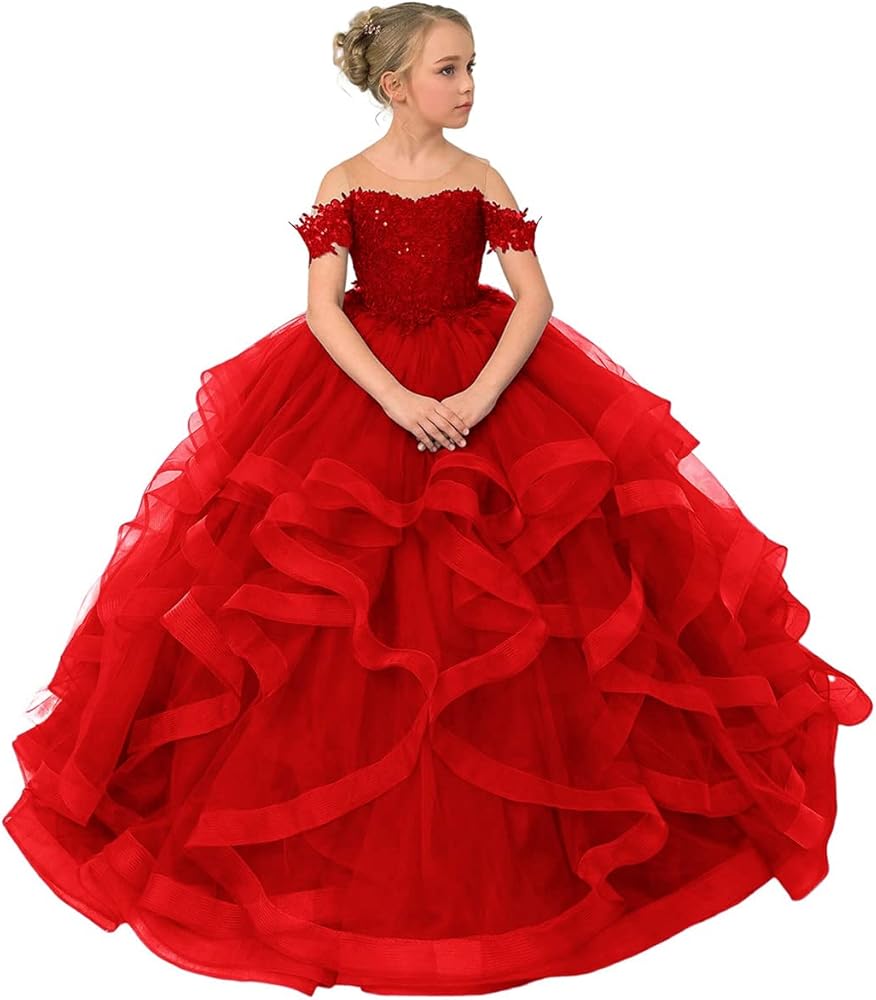 Girls Off Shoulder Pageant Dresses Long Appliques Ruffle Tulle Princess Flower Girl Dress Ball Gown