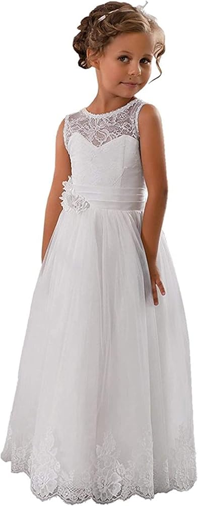 Lace Embellished A-Line Sleeveless Flower Girls Wedding Party Dresses