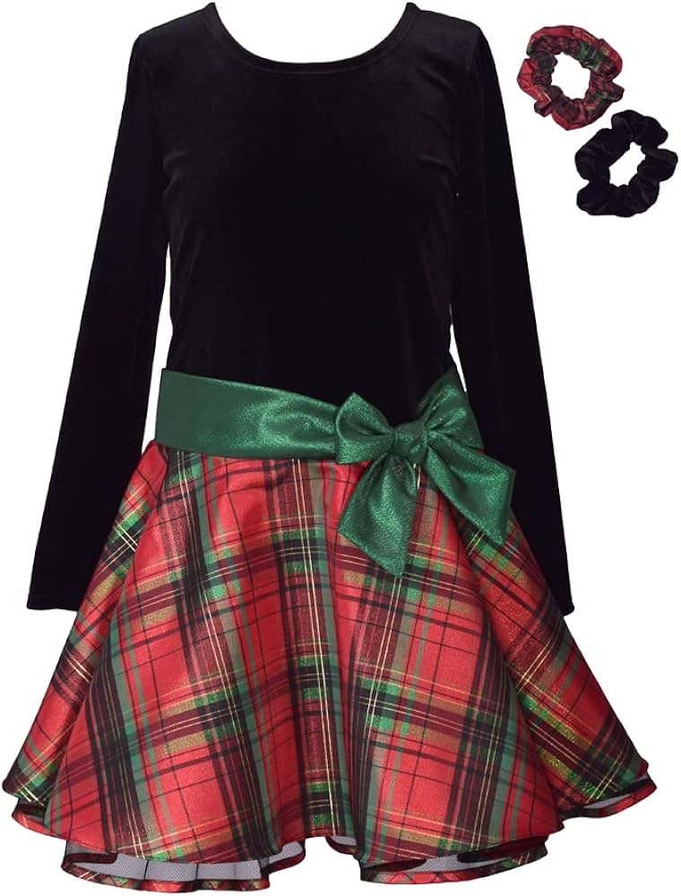 Bonnie Jean Girls Plus Size Holiday Christmas Dress - Classic Plaid with Velvet with Hair Accessories