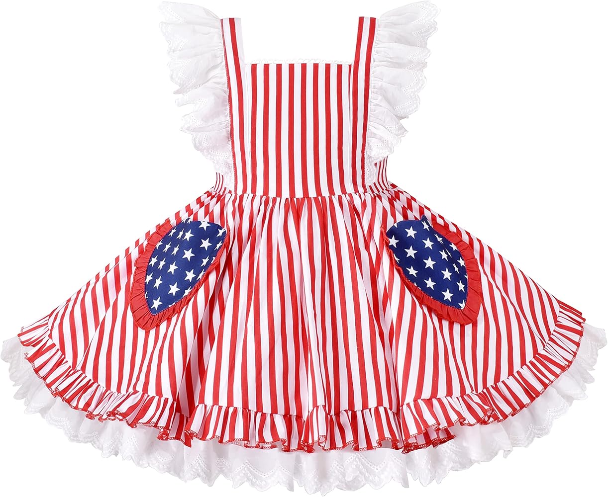 Sunny Fashion Girls Dress Flutter Sleeve Puffy Star Stripe Pocket National Day July 4th